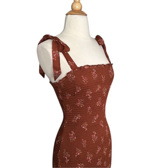 ABERCROMBIE & FITCH Smocked Tiered Ruffle MIDI Dress Brown Floral Y2K, Small - Picture 5 of 14